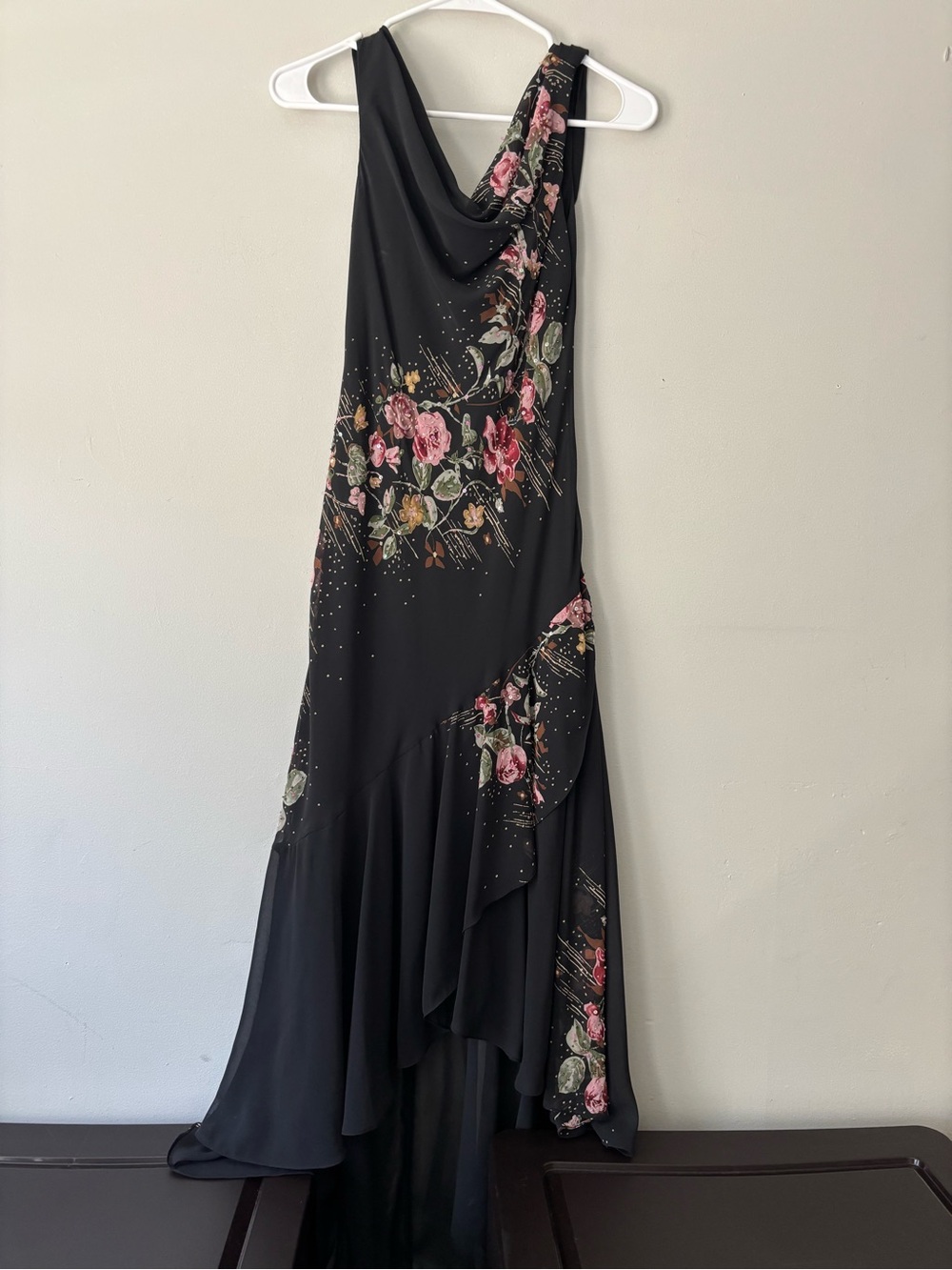 Y2K Black Asymmetrical Fairycore Beaded Pink Floral Draped Collar Dress - Small - Picture 5 of 15